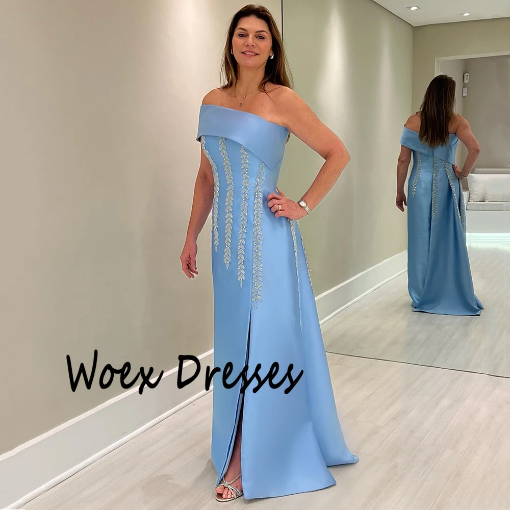 Personalizado de um ombro céu azul cetim vestido de noite sem mangas com cristal sem costas vestido de festa a linha até o chão vestidos de baile