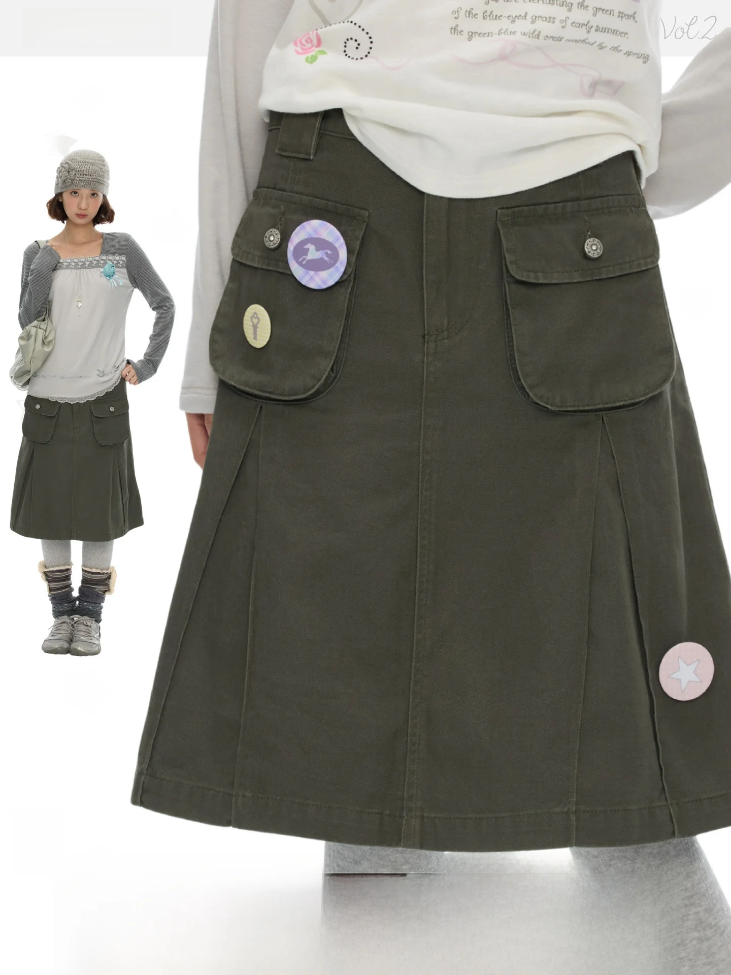 BENAND Military Green A-Line  Skirt Women's Casual Pleated Workwear Skirt Autumn New Style Comfortable Cotton Material