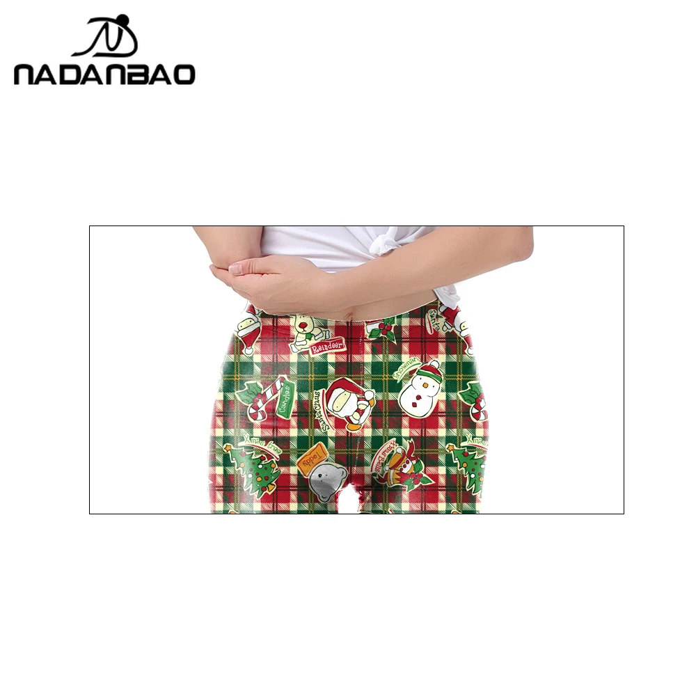 Legginsy Nadanbao z wzorem Świętego Mikołaja i bałwana, czerwono-zielone spodnie w kratę dla kobiet, spodnie na przyjęcie świąteczne, legginsy codzienne z średnim stanem.