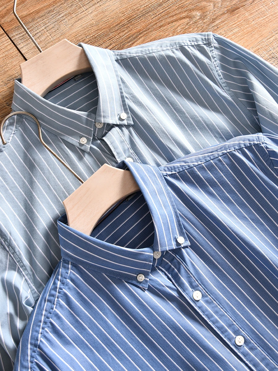 Men's Business Casual Striped Long Sleeve Cotton Blend Shirt Fashion Urban Style Autumn Spring Season Thin Fabric Male Model
