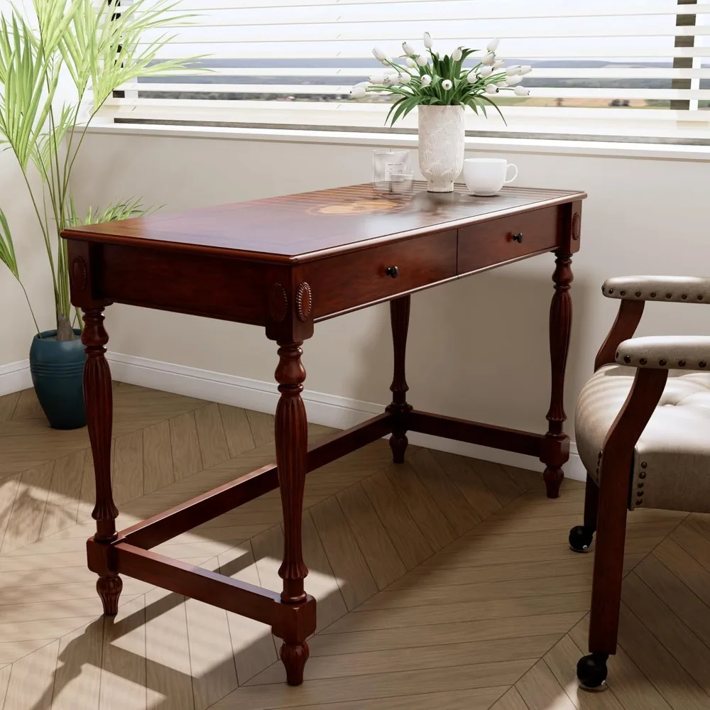 

Large Computer Desk Office Table with 2 Drawers, 46" Solid Wood Study Writing Desk Workstation with Storage Space, Mid-Century V