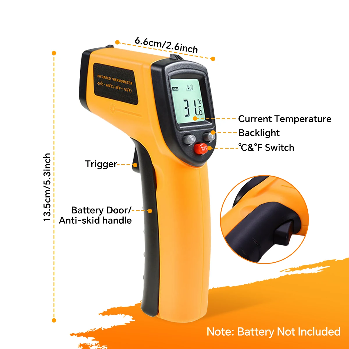 Infrarot-Thermometer-Pistole -50 bis 400 ° C, Digitales Laser-Temperaturmessgerät zum Kochen, Grillen und zur Prüfung von Grillplattenoberflächen – Detail 3