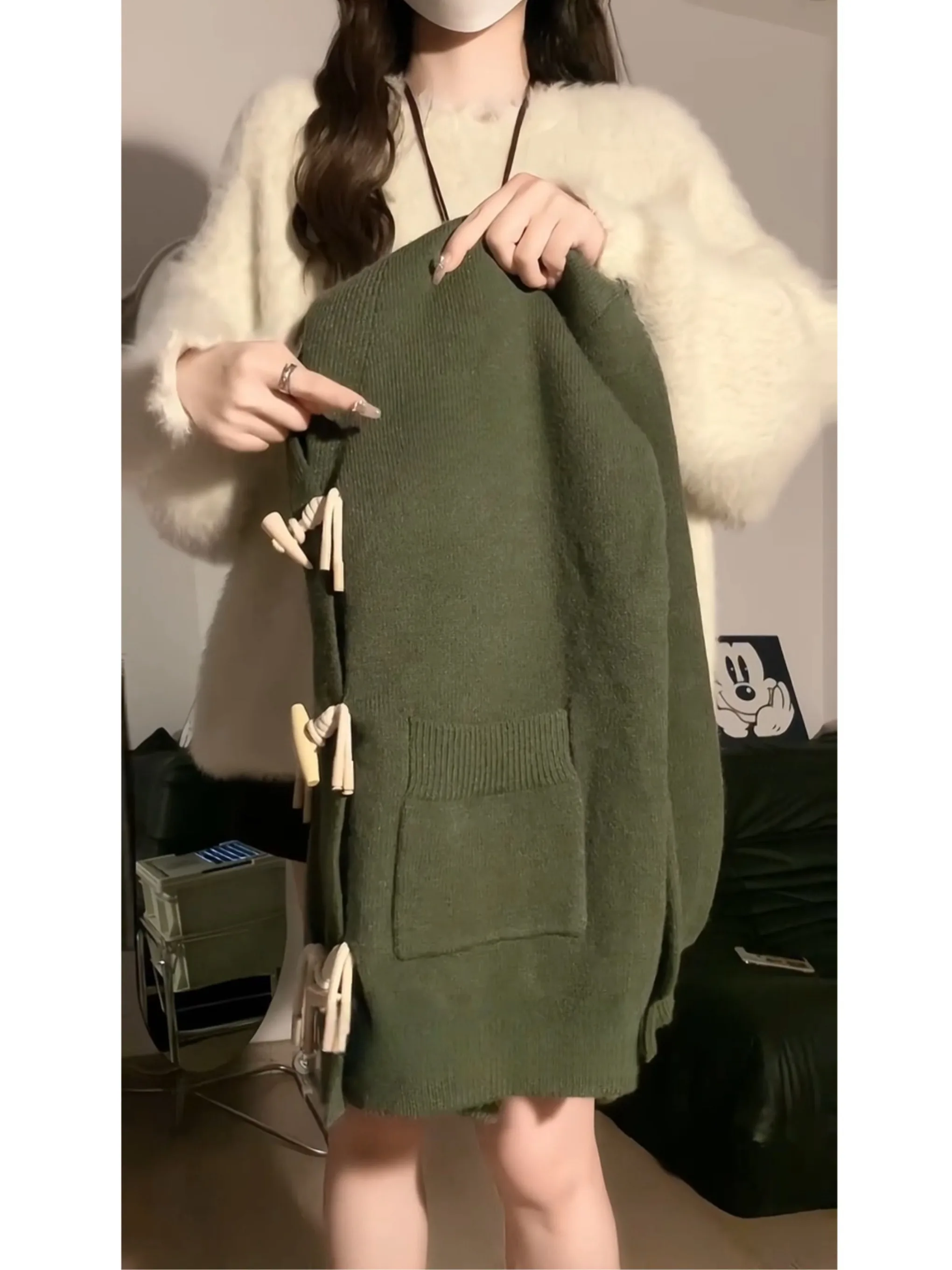 Korean Style Green Outerwear Sweater For Women In Autumn And Winter Lazy Style Medium Length Knitted Jacket Cardigan Ins Clothes