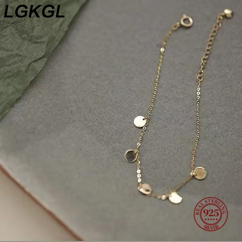 LGKGL S925 Sterling Silver 14k Gold Plated Shiny Disc Bracelet for Women Korean Fashion Simple Temperament Jewelry