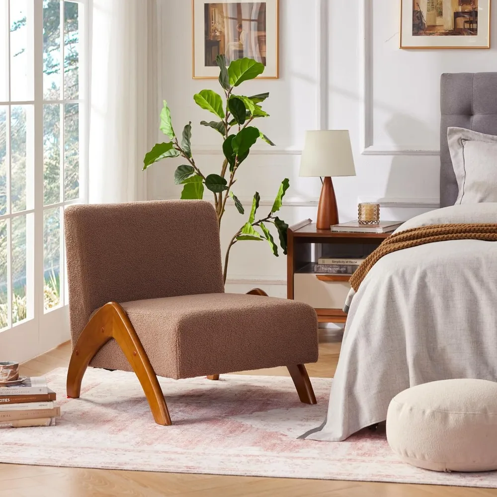 Upholstered Armless Mid Century Modern Chair with Wooden Legs for Living Spaces