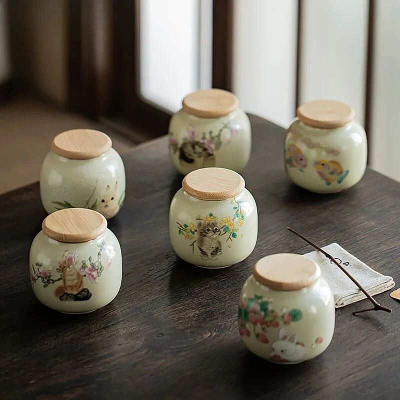 

250ml Cream Ru Kiln Tea Box Organizer Portable Mini Moisture-proof Rabbit Storage Tank Containers Tea Caddy Teaset Decoration