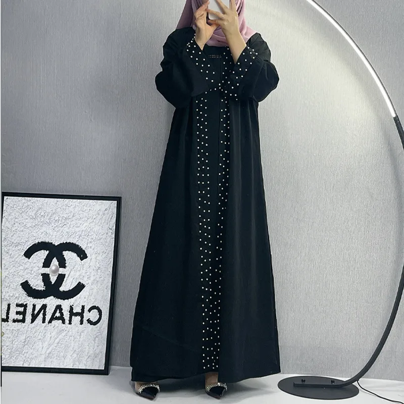 Women Eid Muslim Dubai Beading Abayas Kaftan Vestidos Arab Loose Long Robe Modest Belt Pearl Abaya Ramadan Morocco Cardigan