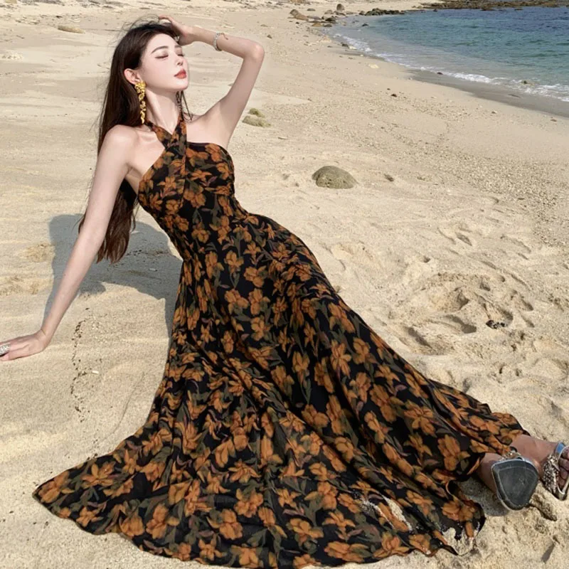 Elegant Boho Dress For Women Sexy Halter Off Shoulder Female Fashion Floral Print Chiffon Slim Beach Party Dress Robe 2025