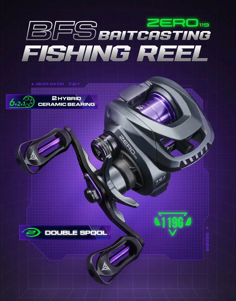 Seasir ZERO119 BFS Baitcasting-Angelrolle, Kohlefaser, 119 g, 2 Hybrid-Keramiklager, 7,6:1, 8 + 1BB, maximale Zugkraft, 4 kg Doppelspulen – Detail 1