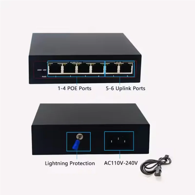 10/100Mbps 4 Port RJ45 PoE+ 2 Uplink Un-managed Poe Switch 803.af/at Compliant for IP Cameras VOIP Phone