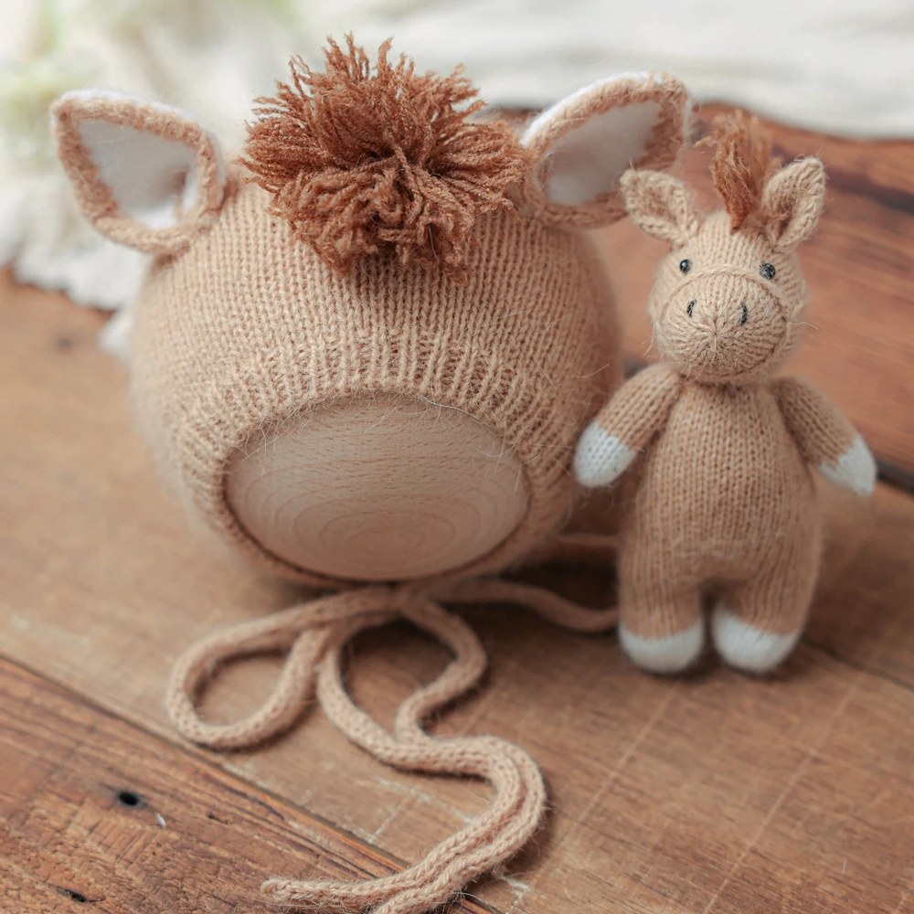 Knitted Horse Hat with Doll Newborn Photography Props Animal Baby Beanie Hat Cute Newborn Photo Bonnet Photoshoot Accessories - view 2