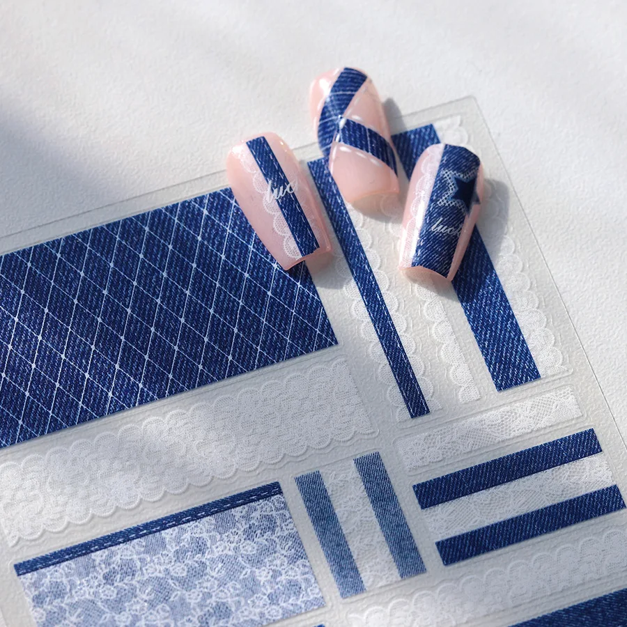 Blue Denim Fabric White Floral Lace Striped Pattern 3D Self Adhesive Nail Art Stickers Jeans Cowboy Manicure Decals Wholesale