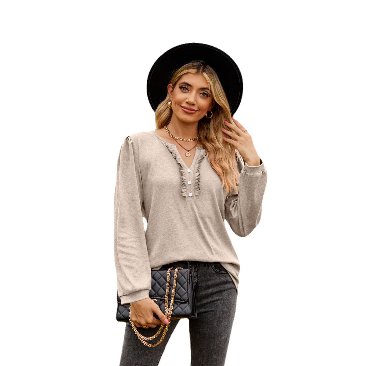 

Женская длинная футболка Sve с v-образным вырезом на пуговицах, однотонная осенне-зимняя новинка, дизайн Sle Cus, модная одежда