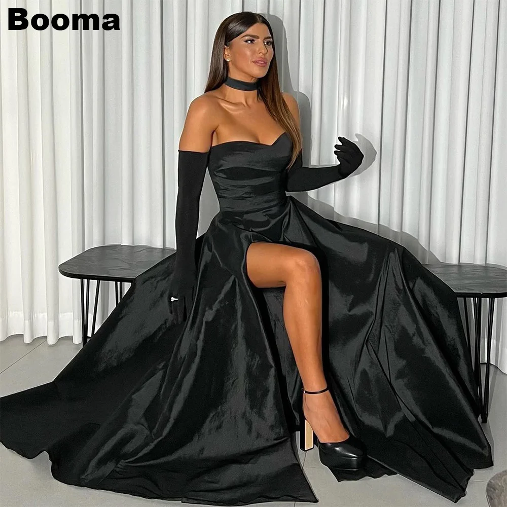 Booma Black A-Line Long Evening Dresses Sweetheart Sleeveless Stain Formal Party Dress High Side Leg Slit Prom Gowns for Women