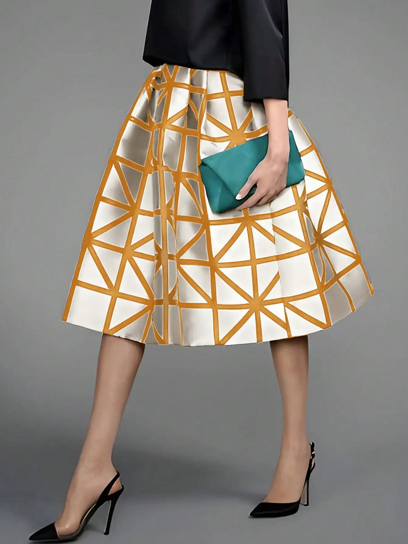 Women's Satin Midi Skirt High Waist A-Line Pleated Flare Skirt Loose Fit Geometric Print Woven Summer 2026