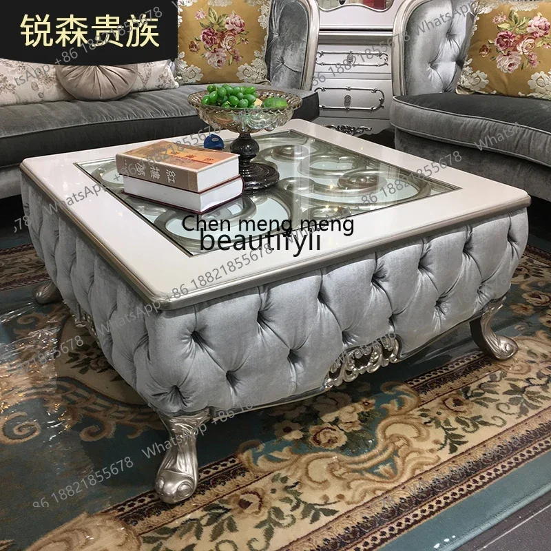ss8350 French solid wood large coffee table European luxury square large tea table tempered glass storage table