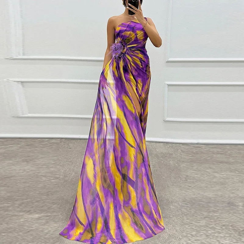 

Elegant Floral Print Hight Waist Long Party Dress Fashion Split Women Evening Dress Sexy Diagonal Collar Pleated Chiffon Dresses