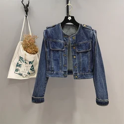 Women Moto Biker Short  Denim Jacket New Spring Autumn Casual Vintage Loose O-Neck Solid Long Sleeve Single Breasted Cowboy Coat