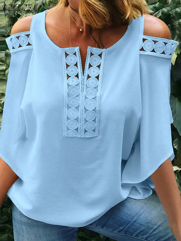 ZANZEA 2023 Summer Cold Shoulder Blusas Fashion Lace Trim Blouses Women Casual 3/4 Sleeve O-neck Shirts Holiday Solid Color Tops