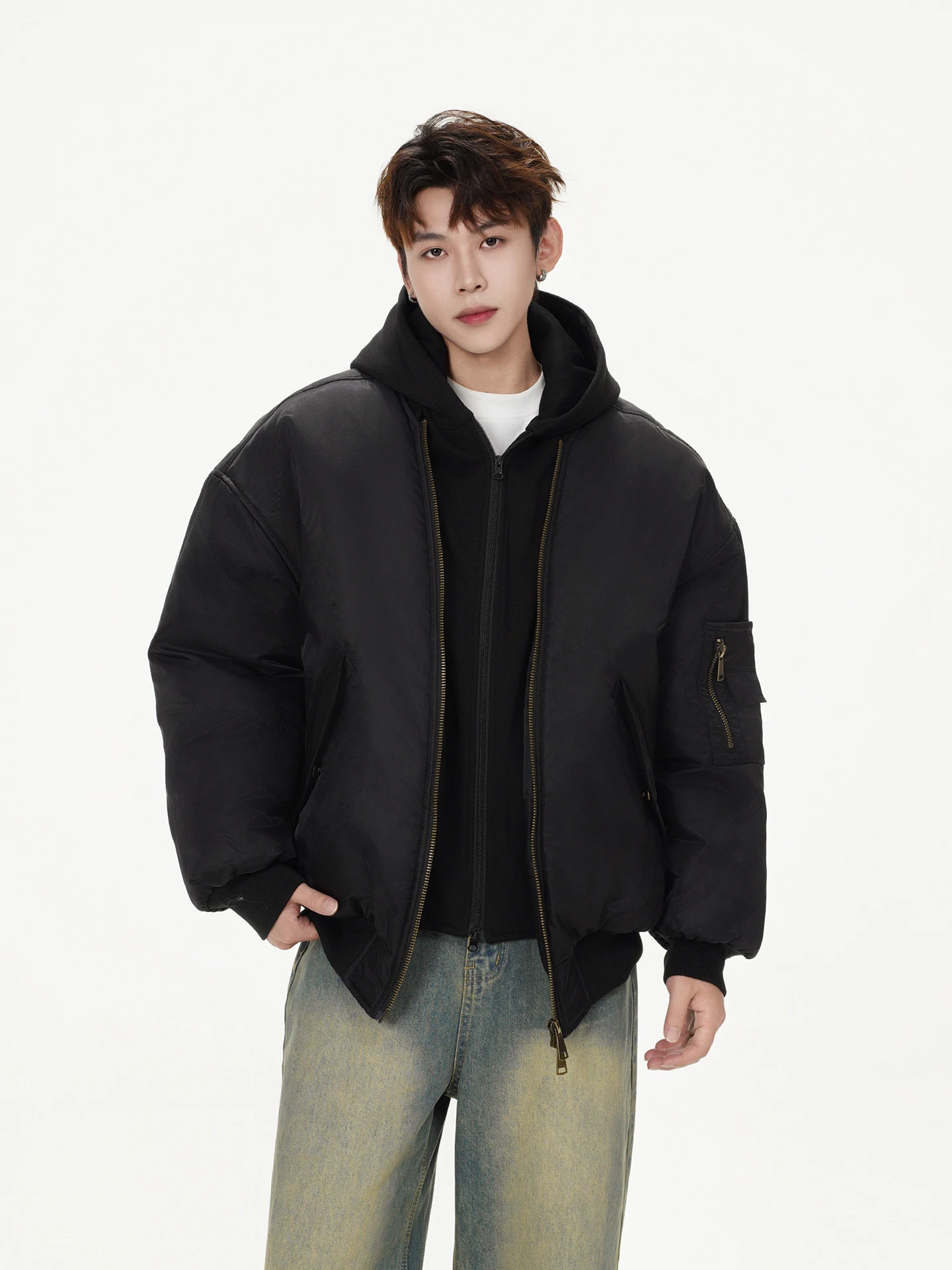 

Мужская хлопковая куртка Boyue с капюшоном, летная верхняя одежда, повседневная одежда Haome, уличная брендовая поддельная двухсекционная длинная молния све