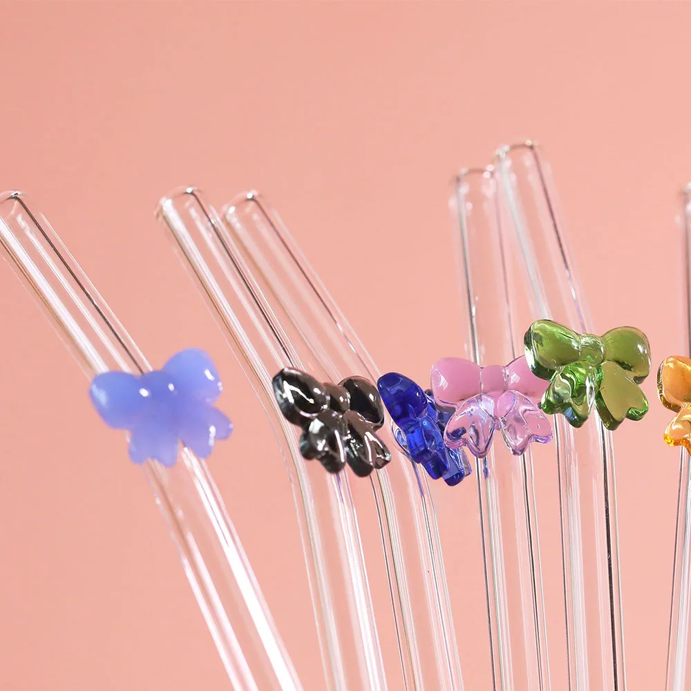 Bow Shaped Glass Straw Cute Mini Bow Long Straw Colorful Butterfly Bow Juices Straws Reusable Heat Resistant Glass Straws