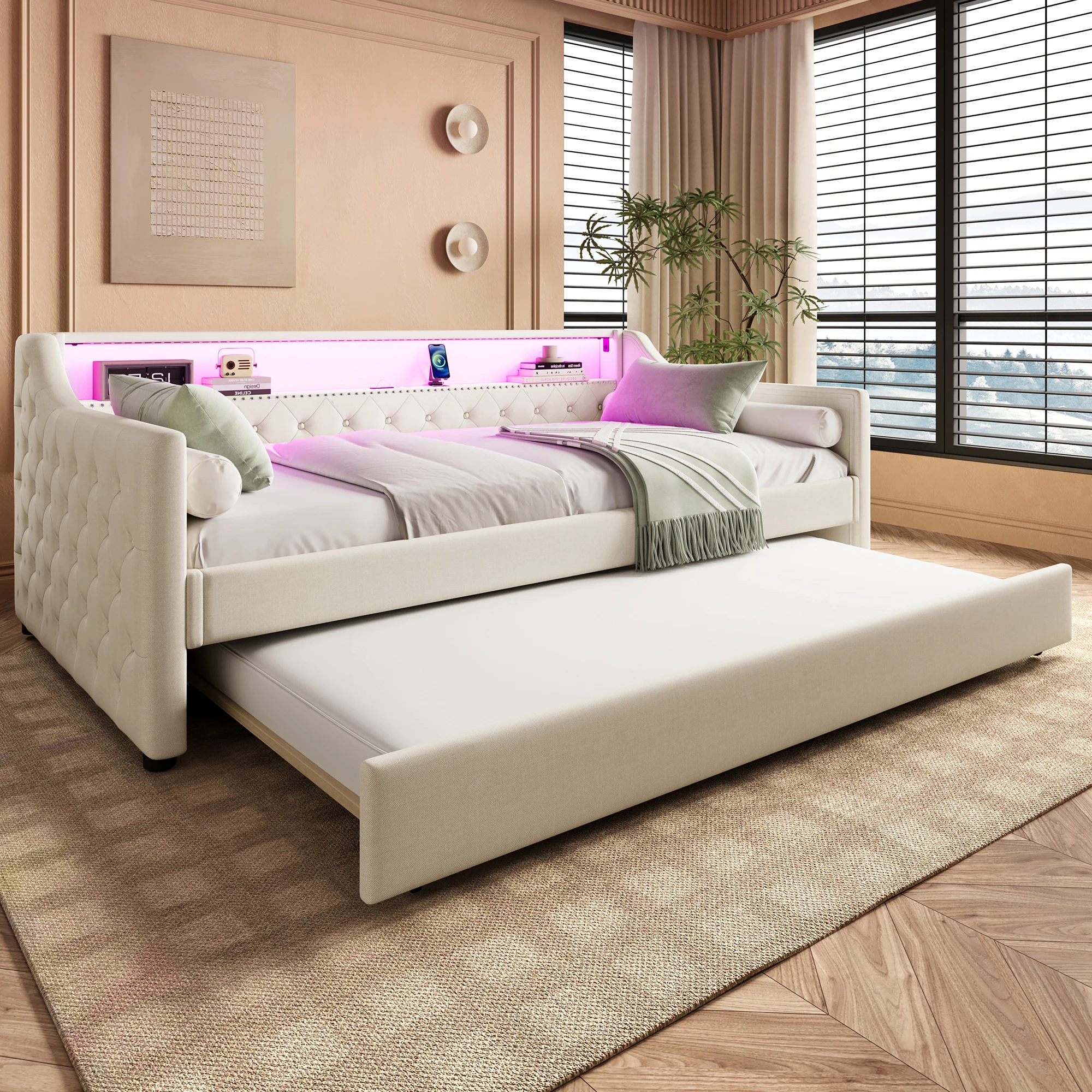 Lit 90x200 cm avec lit gigogne LED & USB, stable, gain de place, en lin beige, sans matelas