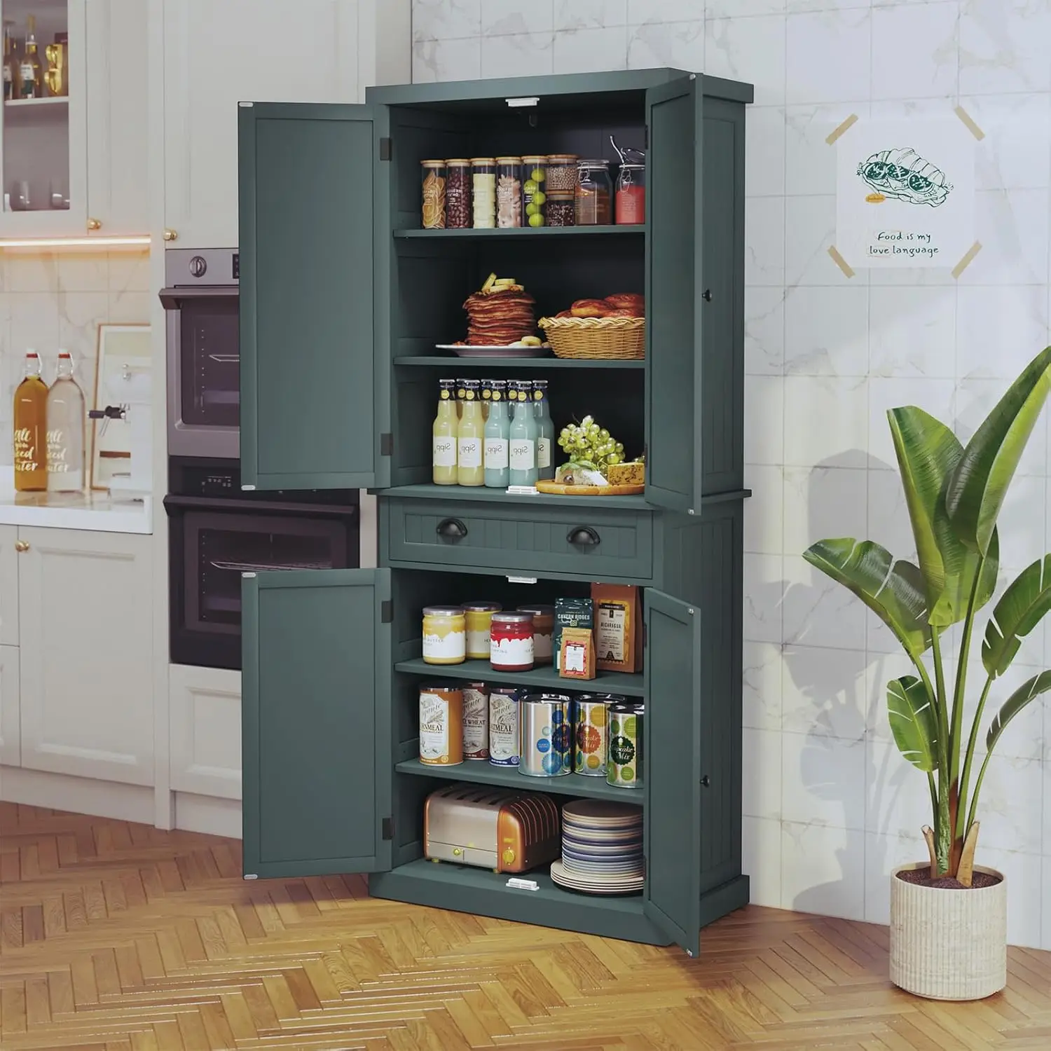 Kitchen Pantry Storage Cabinet with Drawer and Adjustable Shelves, Pantry Cabinet for Kitchen, Bathroom or Hallway, Gre