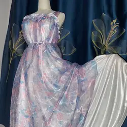 2 Layers Voile Outside Ice Silk inside Floral Print Glossy Sexy Women Satin Long Dress Loose Maxi Dress Elegant Dresses
