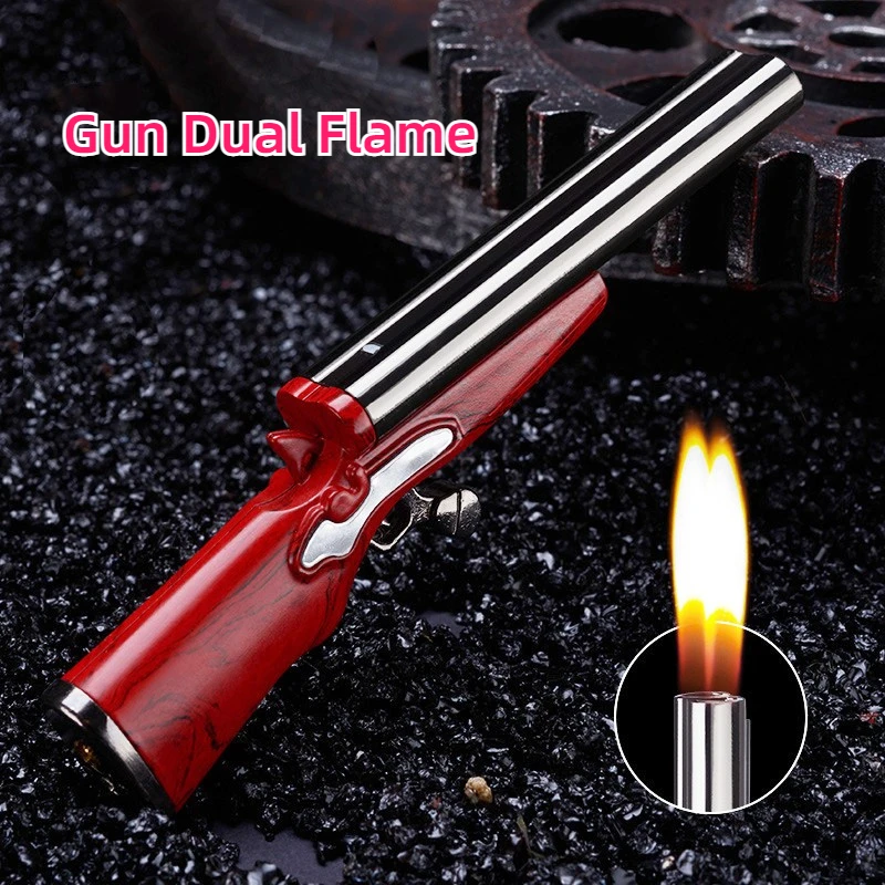 Metal Mini Gun Dual Fire Butane Gas Lighter One-touch Push Button Ignition Open Flame Smoking Accessories Men\'s Gifts