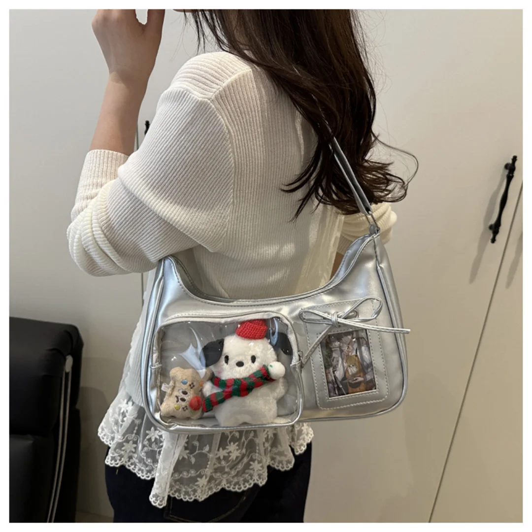 

Vintage burgundy PU transparent shoulder bag with side bow pocket, underarm bag, anime-themed fan goods storage shoulder bag