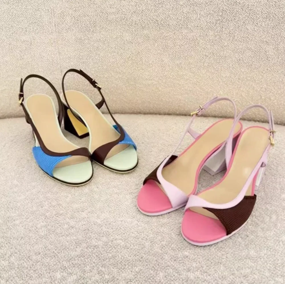 

Multi-Color Contrasting Design Block Heel Round-Toe Sandals Adjustable Ankle Strap Open-Toe Summer New High Heels Sandals