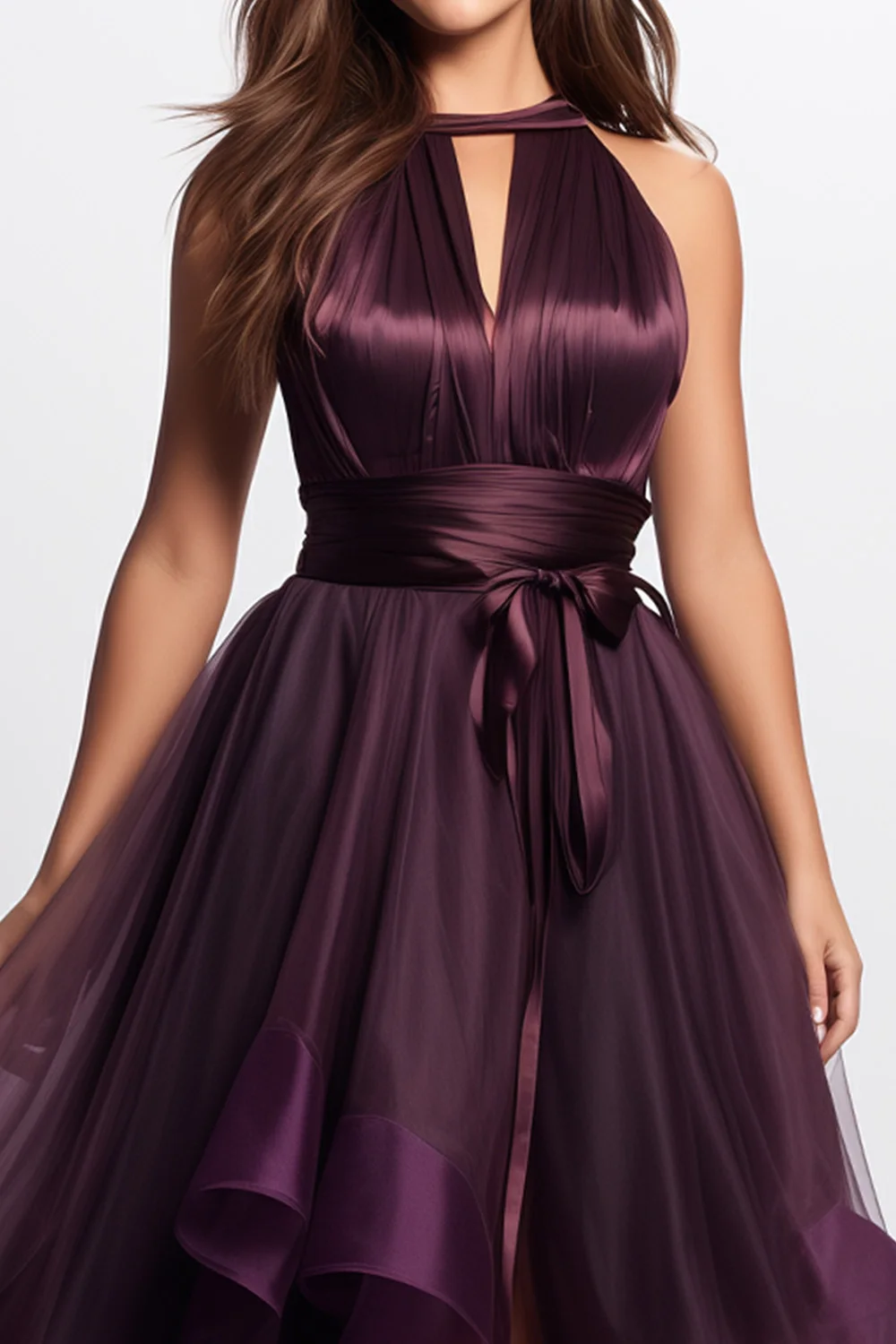 Gestuftes, asymmetrisches Maxikleid für Hochzeitsgäste mit Trauben-Mesh-Ausschnitt für Damen