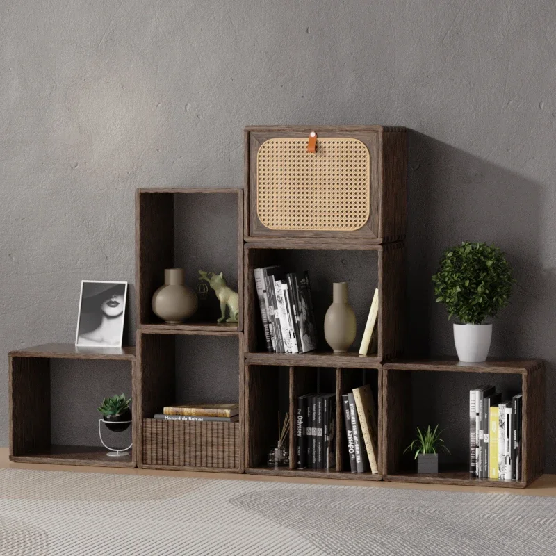 Pure solid wood rattan free combination bookshelf floor shelf living room display shelf