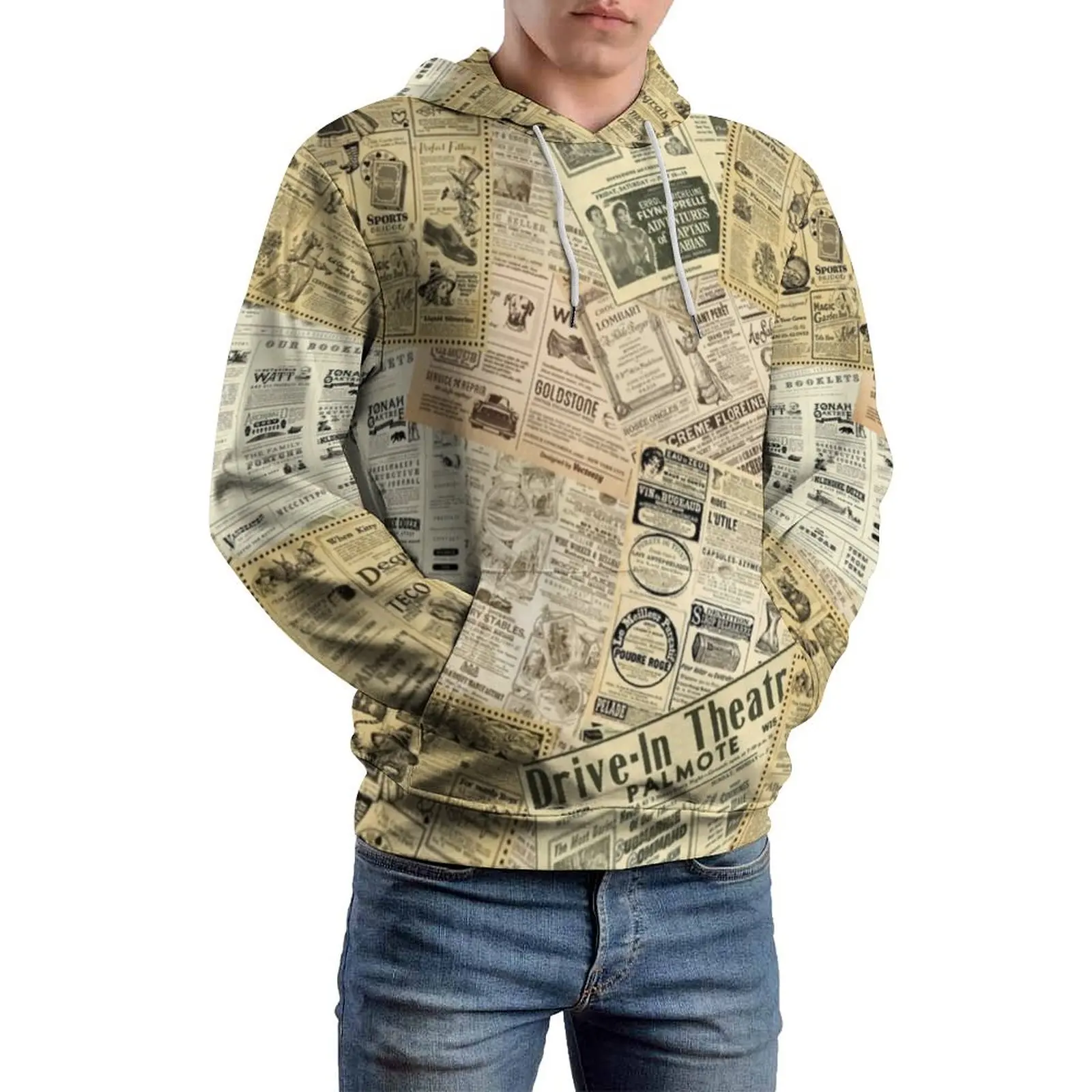 

Old Newspaper Loose Hoodies Vintage Print Y2k Pullover Hoodie Men Long Sleeve Oversized Casual Design Clothing