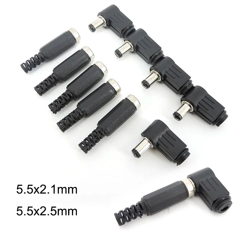 Adaptador de enchufe de CC macho y hembra, 5,5 MM x 2,5 MM, 2,1 MM, ángulo recto, conector de alimentación de 90 grados, 5,5x2,5 MM, 5521