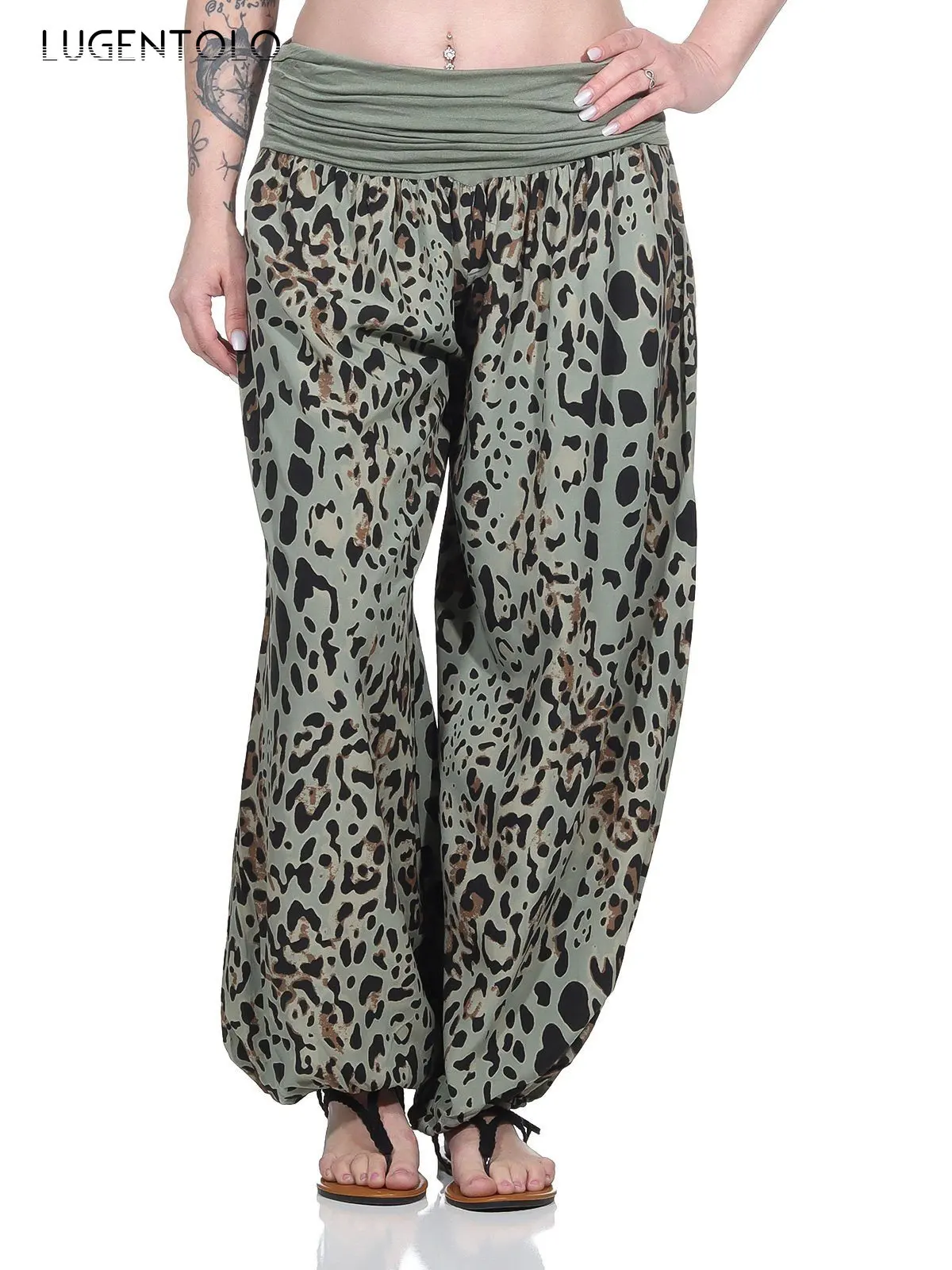 

Lugentolo Women Leopard Print Harlan Pants Bohemia Casual Loose Elastic Summer Home Thin Large Size Comfortable Wide-leg Pants