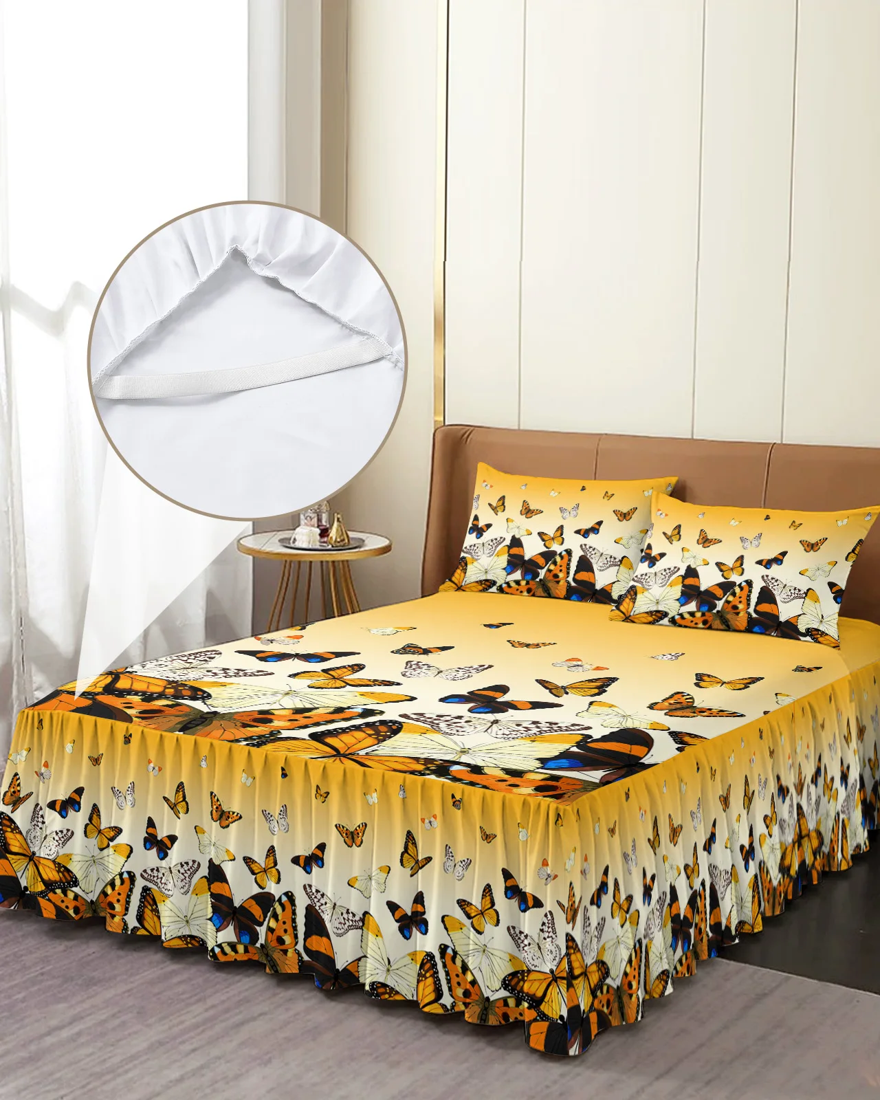 

Pastoral Butterfly Orange Gradient Bed Skirt Elastic Fitted Bedspread With Pillowcases Mattress Cover Bedding Set Bed Sheet