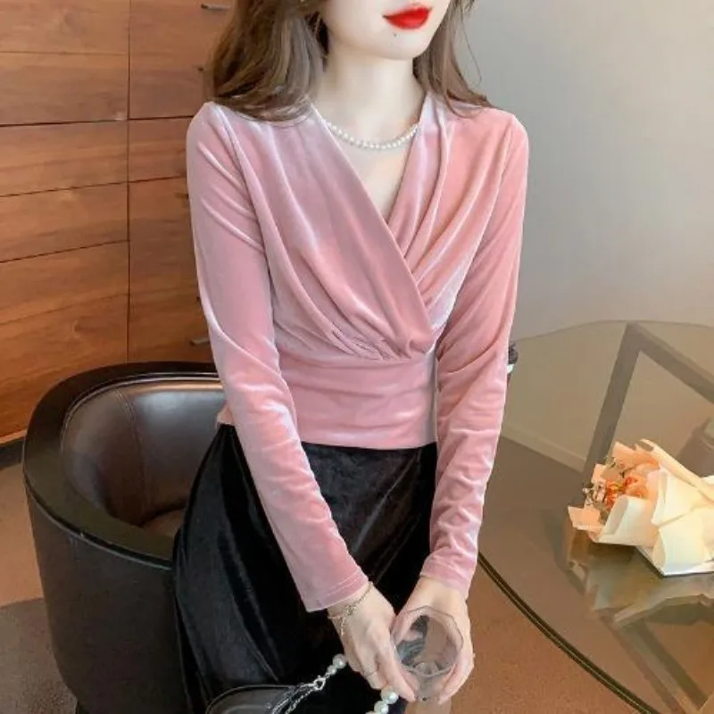 Commuter Versatile Temperament Elegant V-Neck Blouse Short Velvet Shirt Women\'s 2024 Autumn New French Style Slim Fit Top