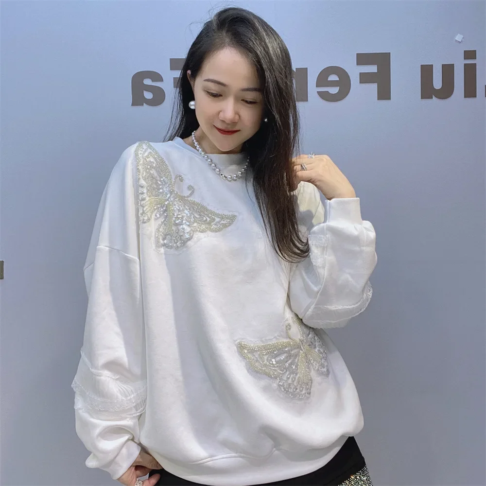 Oversized Hoodies Women 2024 New Embroidered Butterfly Sequined Beaded Temperament Top Long-sleeved Crew Neck Sweatshirt Autumn