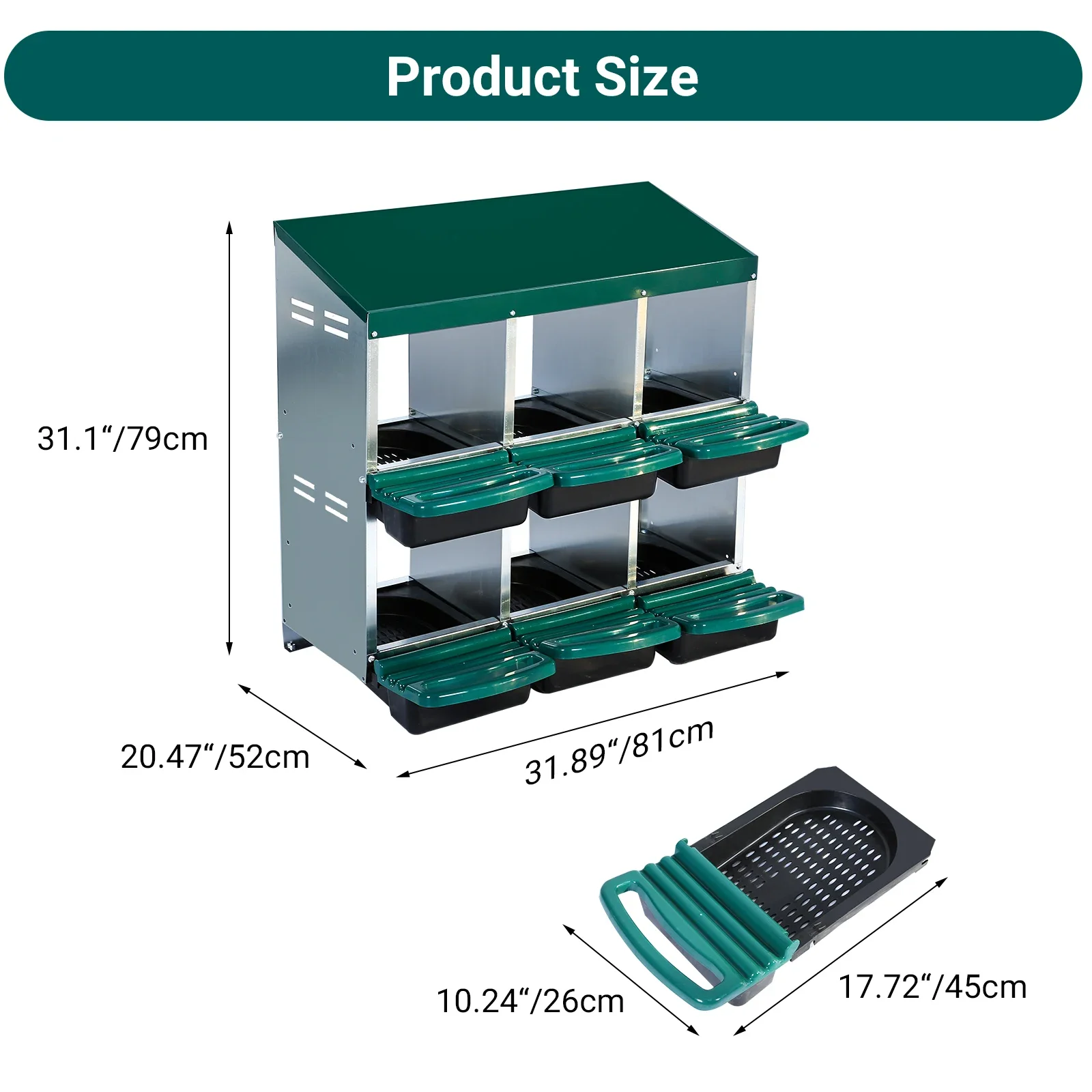 6 Holes Chicken Nesting Boxes, Metal Laying Boxes with Removable Trays, Lid Cover, Roll Out Egg Collection for Chickens Hens