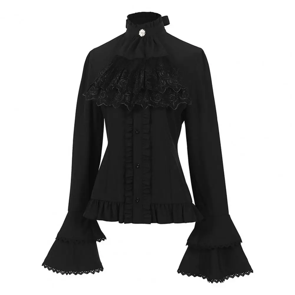 Retro Women Shirt Top Steampunk Style Turtleneck Bow Lace Pure Color Long Bell Sleeves Shirring Pleated Cosplay Shirt Coat