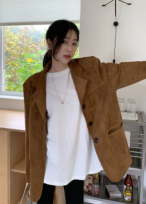 UNXX tersedia dalam stok Chic Korea musim gugur/musim dingin Retro Amerika Blazer Suede coklat Melard jaket lengan panjang untuk wanita kantor wanita