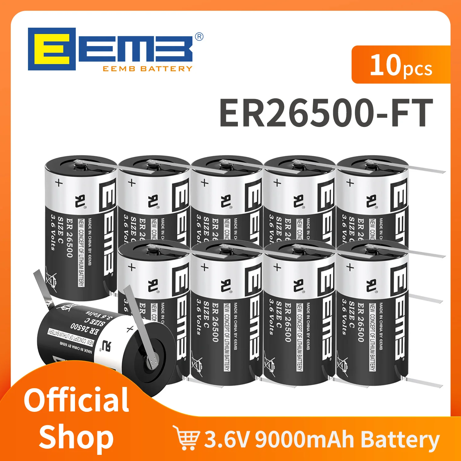 EEMB ER26500-FT 3.6V Lithium Battery C Size with FT Pin 9000mAh Battery Tabs PLC Battery for GPS Water/Gas Meter Sensor