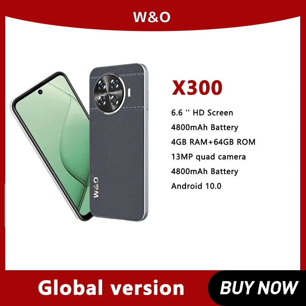 W & O-X300-Ultra-Thin Smartphone Android 10, 4GB de RAM, 64GB ROM, Bateria 4800mAh, 13MP Quatro Câmeras, Dual SIM, 6,6 pol