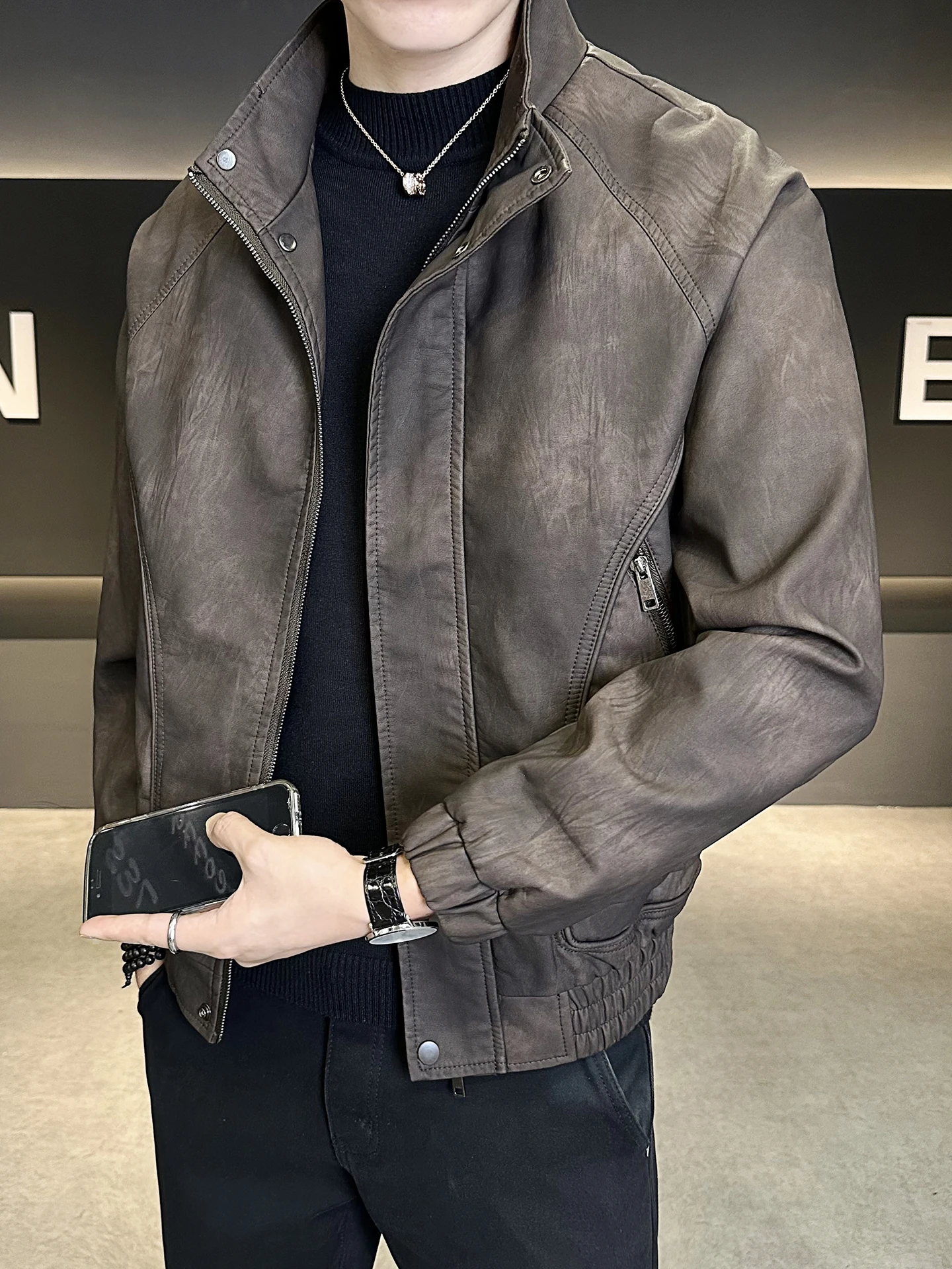 

Fall Men's Leather Jaet Casual Stand Collar Long Sve Polyester Fiber High Waist Versatile Sli Spring Autumn Coat