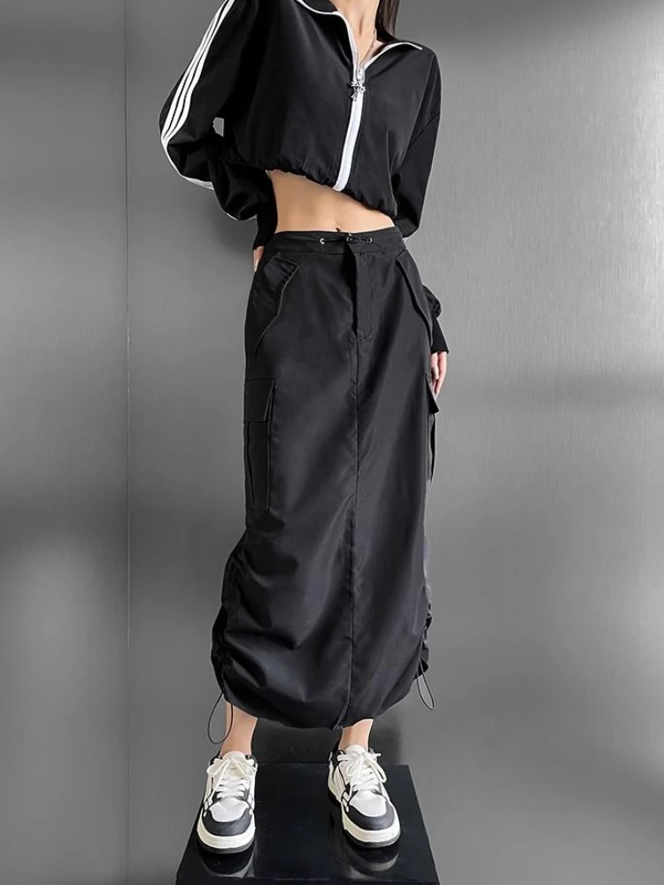 Cargo Skirts Women Big Pockets Retro Shirring European Style Y2k High Waist Trendy Streetwear Midi Simple All-match Cool Summer