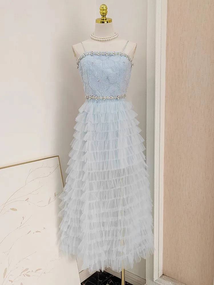 

Luxury Crystal Diamonds Strapless Sexy Prom Party Dress Women Designer Beaded Sequined Mesh Flower Embroidery Tulle Lace Vestido