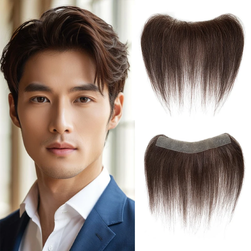 6inches Men 100% Human Hair 4#Color PU V Loop Front Toupee Natural Hairline Wigs Remy Hair Replacement Straight Hairpiece