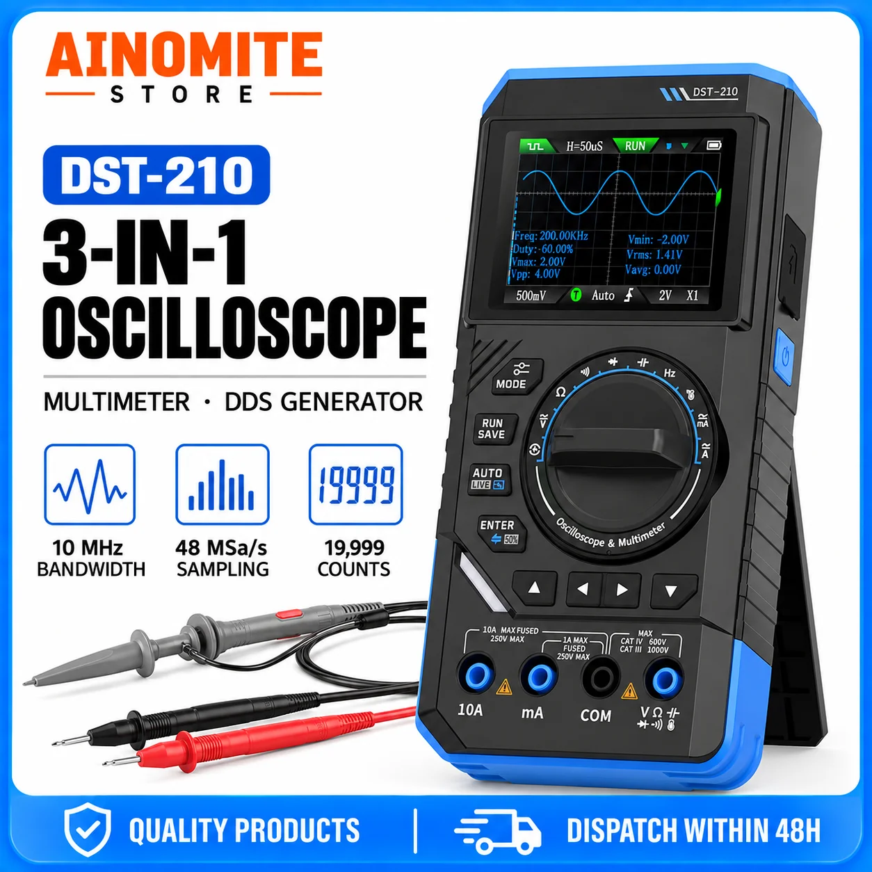 Automotive Oscilloscope, 10M Bandwidth 48MS/s, 19999 Count Multimeter 3in1 DDS Signal Generator AC DC Voltage Current, DST-210