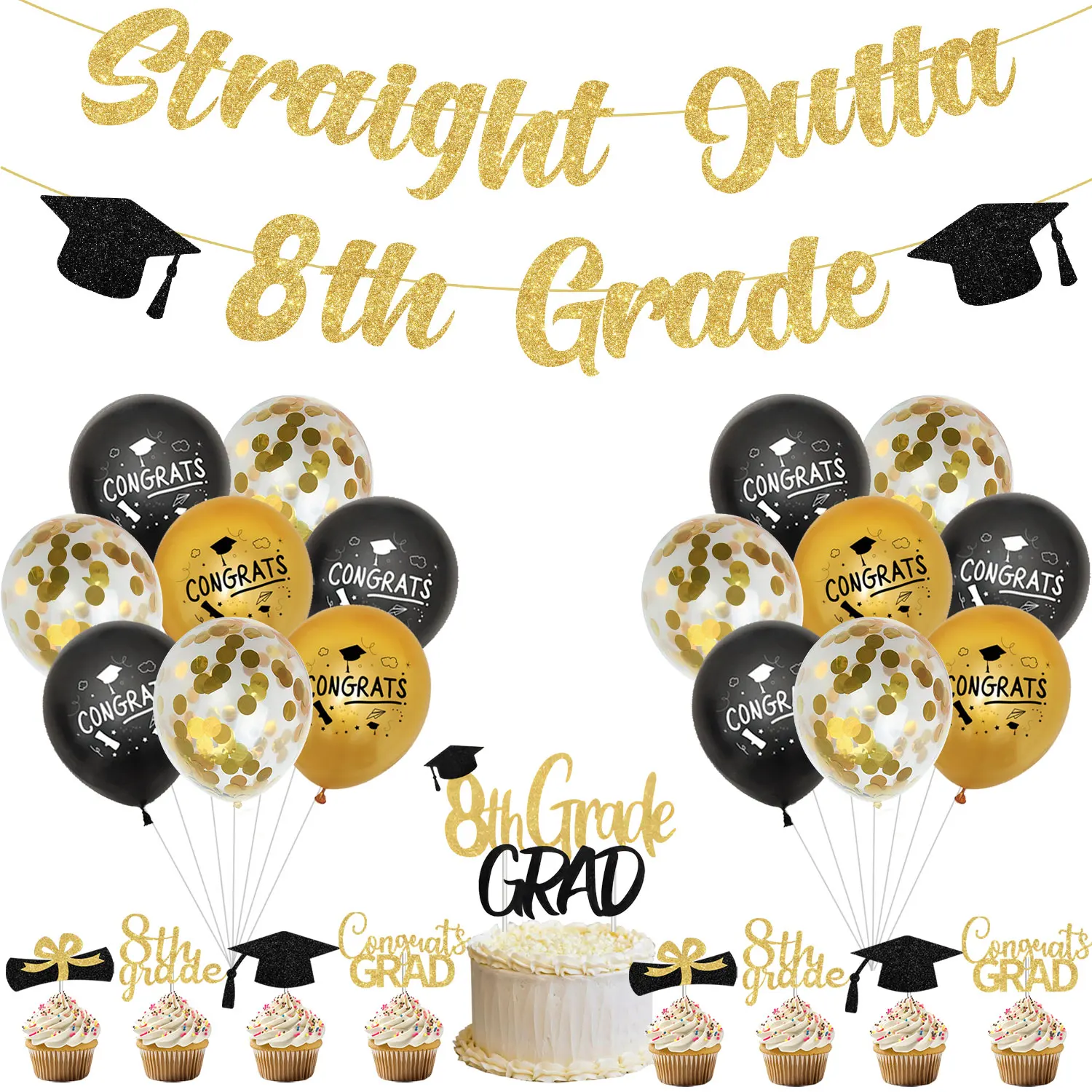 8th Grade Graduation Theme Balloon Arch Garland Kit with Printed Confetti Balloon Cake Topper for 8th Grade Graduation Party